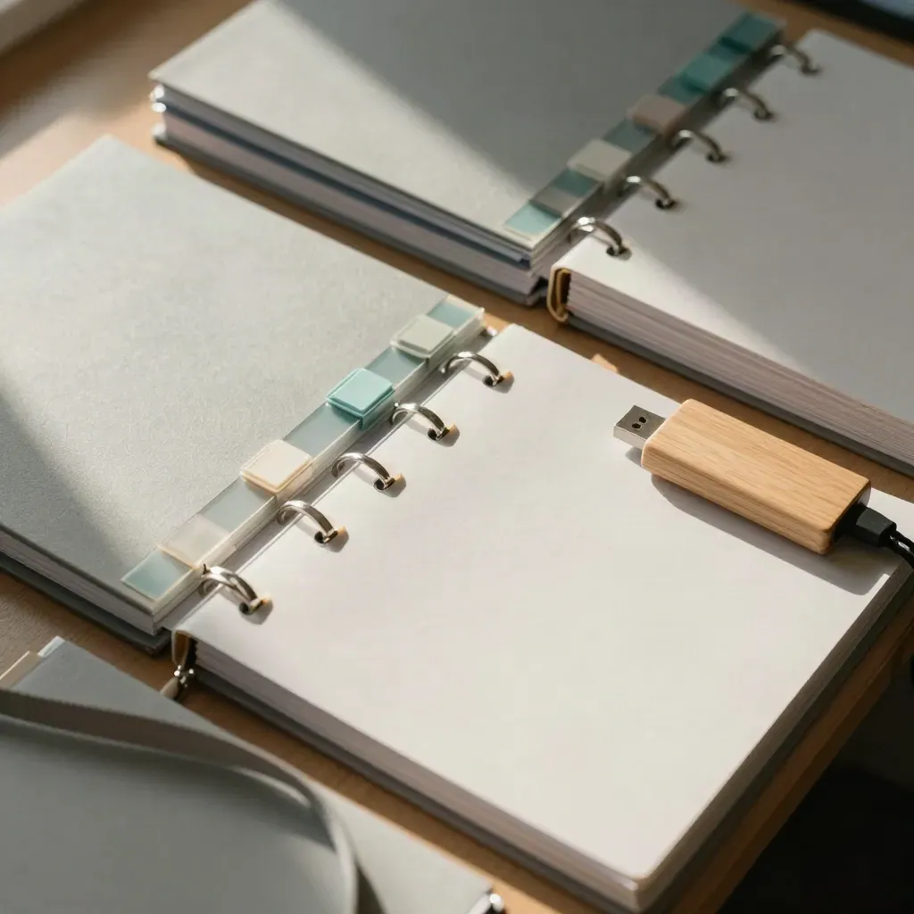 Segregatory kursów, etui identyfikatorów i adapter USB na jasnym drewnie.