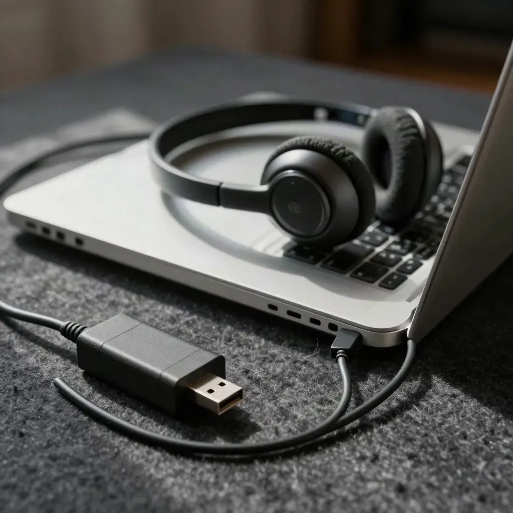 Zamknięty stary laptop, słuchawki USB, kabel ethernet i zasilacz na czarnym filcu.