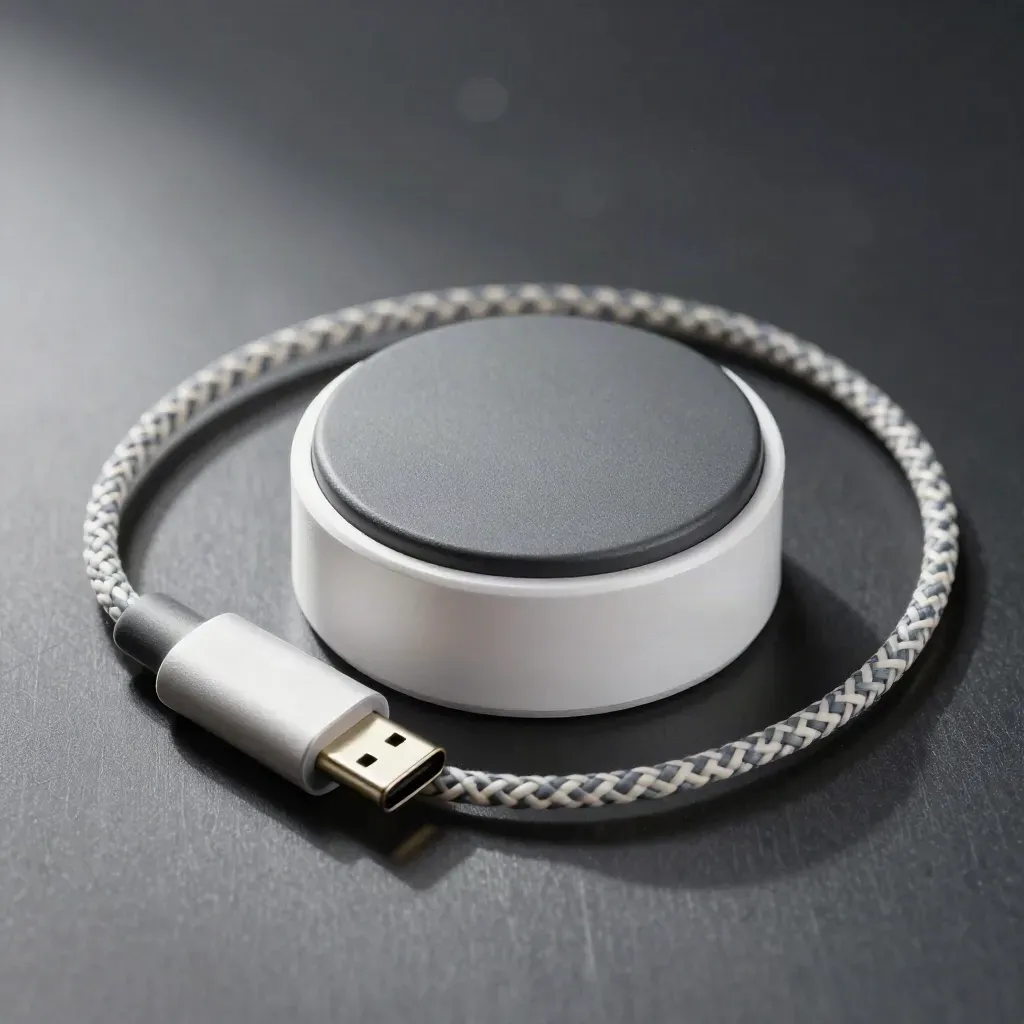 Srebrny głośnik, przewód i adapter USB-C łączą się na szczotkowanym metalu.